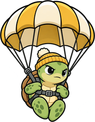 Cartoon turtle in a yellow beanie parachuting down